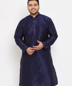 Vastramay Men's Plus Size Navy Blue Silk Blend Kurta