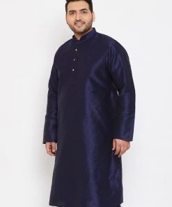 Vastramay Men's Plus Size Navy Blue Silk Blend Kurta