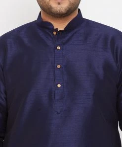 Vastramay Men's Plus Size Navy Blue Silk Blend Kurta