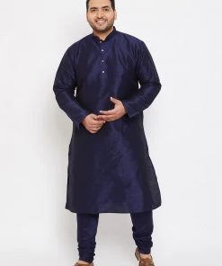 Vastramay Men's Plus Size Navy Blue Silk Blend Kurta