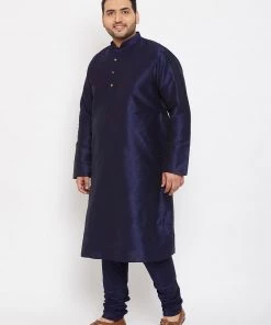 Vastramay Men's Plus Size Navy Blue Silk Blend Kurta And Pyjama Set