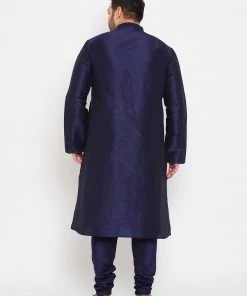 Vastramay Men's Plus Size Navy Blue Silk Blend Kurta And Pyjama Set