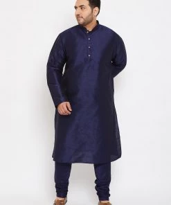 Vastramay Men's Plus Size Navy Blue Silk Blend Kurta And Pyjama Set