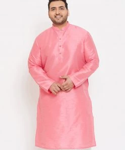 Vastramay Men's Plus Size Pink Silk Blend Kurta