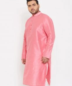 Vastramay Men's Plus Size Pink Silk Blend Kurta