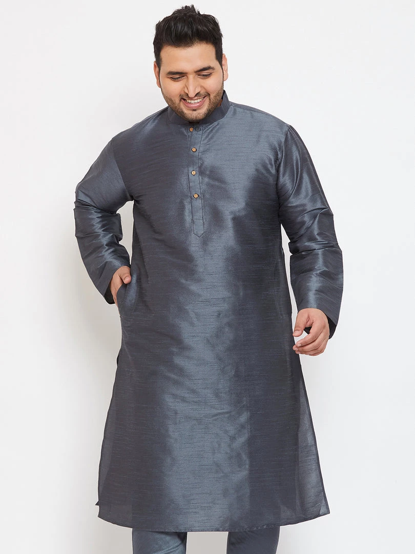 Vastramay Men's Plus Size Grey Silk Blend Kurta 3 Vastramay Men's Plus Size Grey Silk Blend Kurta