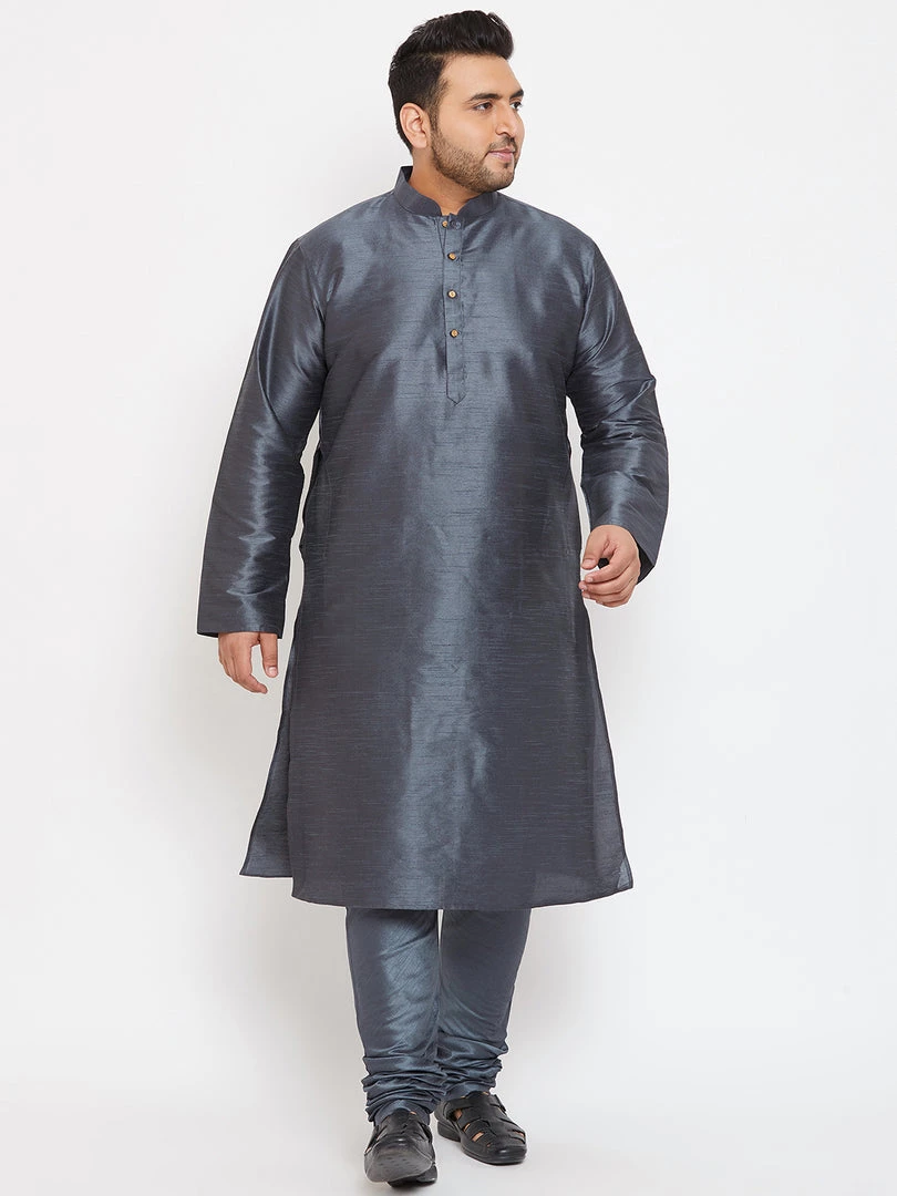 Vastramay Men's Plus Size Grey Silk Blend Kurta 7 Vastramay Men's Plus Size Grey Silk Blend Kurta