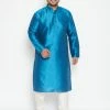 Vastramay Men's Plus Size Turquoise And Cream Silk Blend Kurta Pyjama Set