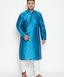 Vastramay Men's Plus Size Turquoise And Cream Silk Blend Kurta Pyjama Set