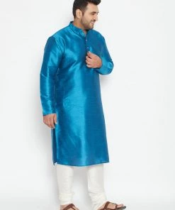 Vastramay Men's Plus Size Turquoise And Cream Silk Blend Kurta Pyjama Set