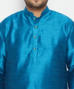 Vastramay Men's Plus Size Turquoise And Cream Silk Blend Kurta Pyjama Set