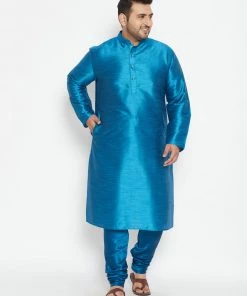 Vastramay Men's Plus Size Turquoise Silk Blend Kurta Pyjama Set Plus Size Collection