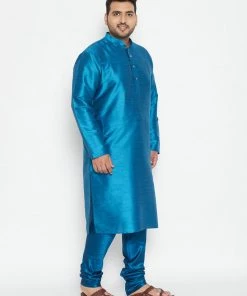Vastramay Men's Plus Size Turquoise Silk Blend Kurta Pyjama Set Plus Size Collection
