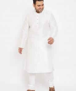 Vastramay Men's Plus Size White Silk Blend Kurta And Pyjama Set