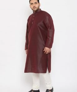 Vastramay Men's Plus Size Wine Silk Blend Kurta And Pyjama Set