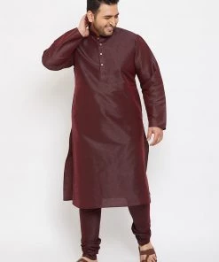 Vastramay Men's Plus Size Wine Silk Blend Kurta And Pyjama Set