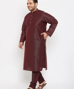 Vastramay Men's Plus Size Wine Silk Blend Kurta And Pyjama Set