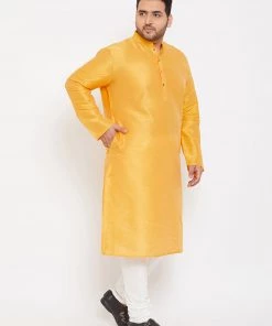 Vastramay Men's Plus Size Yellow Silk Blend Kurta And Pyjama Set