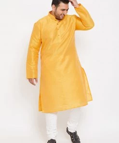 Vastramay Men's Plus Size Yellow Silk Blend Kurta And Pyjama Set