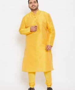 Vastramay Plus Size Collection Men's Plus Size Yellow Silk Blend Kurta And Pyjama Set