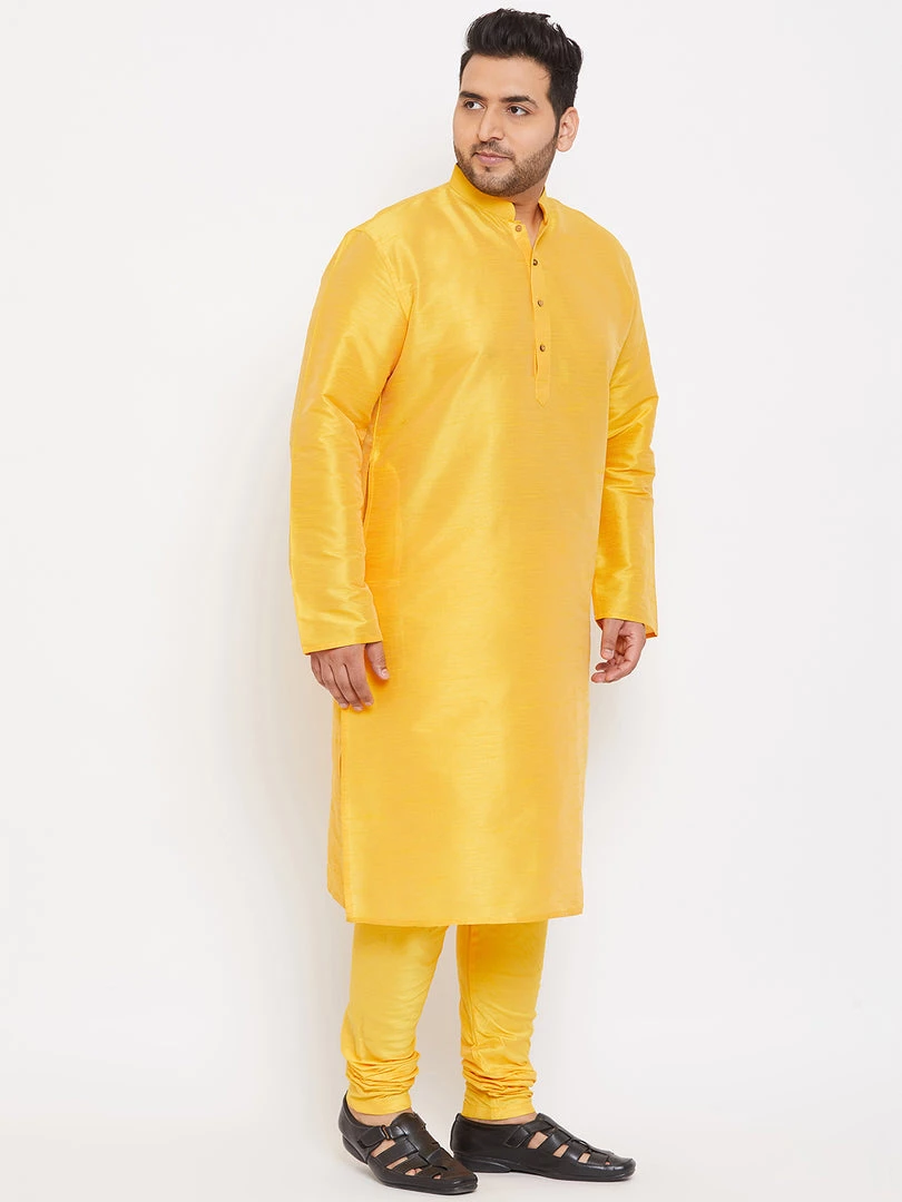 Vastramay Plus Size Collection Men's Plus Size Yellow Silk Blend Kurta And Pyjama Set 4 Vastramay Plus Size Collection Men's Plus Size Yellow Silk Blend Kurta And Pyjama Set