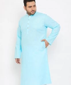 Vastramay Men's Plus Size Aqua Blue Cotton Kurta