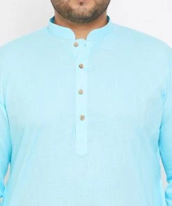 Vastramay Men's Plus Size Aqua Blue Cotton Kurta