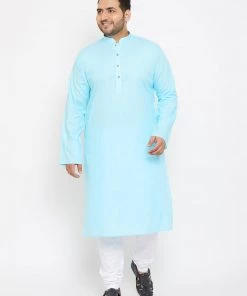 Vastramay Men's Plus Size Aqua Blue Cotton Kurta