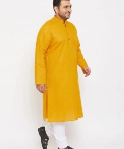 Vastramay Plus Size Collection Men's Plus Size Mustard Cotton Kurta And Pyjama Set