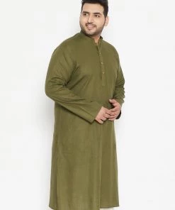 Vastramay Plus Size Collection Men's Plus Size Mahendi Green Cotton Blend Kurta