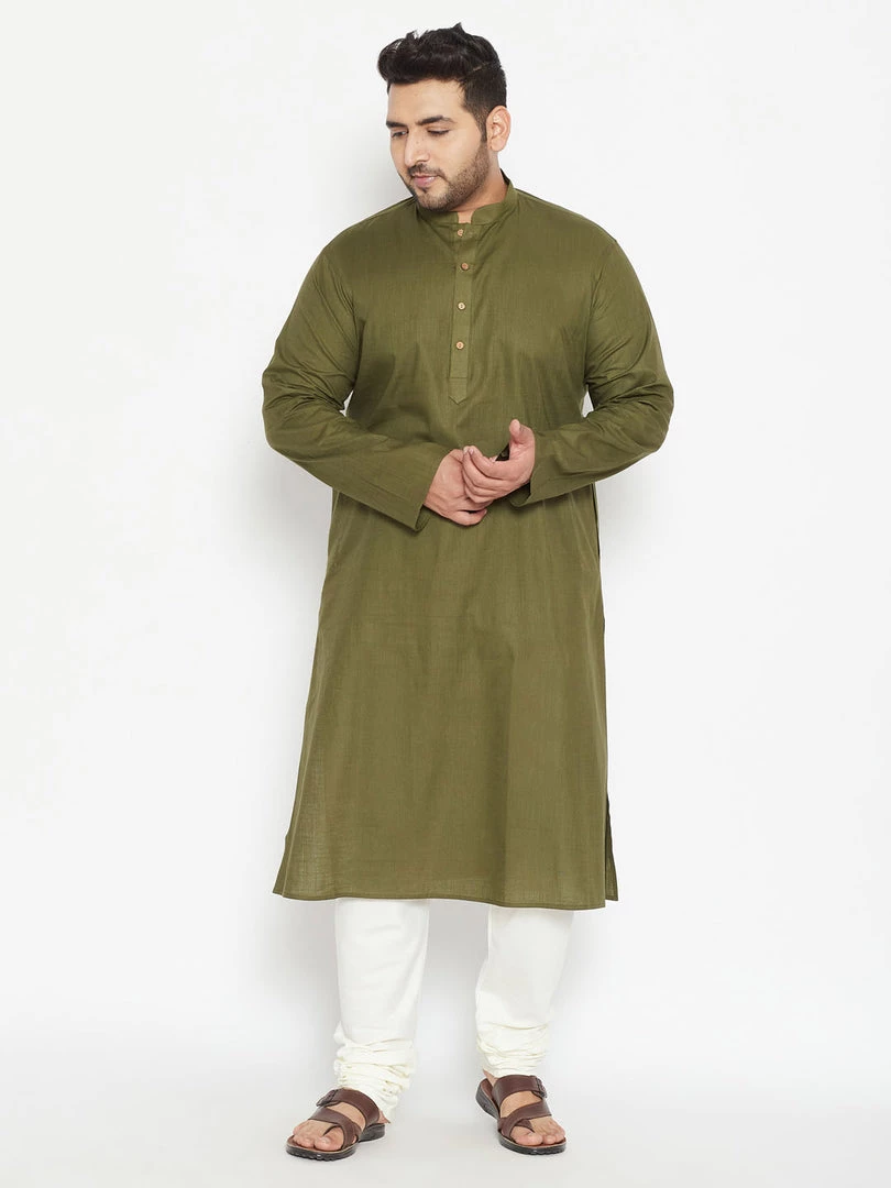 Vastramay Plus Size Collection Men's Plus Size Mahendi Green Cotton Blend Kurta 7 Vastramay Plus Size Collection Men's Plus Size Mahendi Green Cotton Blend Kurta
