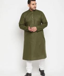 Vastramay Men's Plus Size Mahendi Green And White Cotton Blend Kurta Pyjama Set