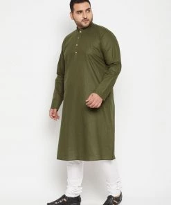 Vastramay Men's Plus Size Mahendi Green And White Cotton Blend Kurta Pyjama Set