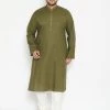 Vastramay Men's Plus Size Mehendi Green And Cream Cotton Blend Kurta Pyjama Set Plus Size Collection