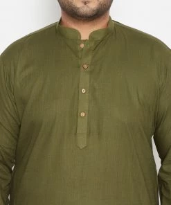 Vastramay Men's Plus Size Mehendi Green And Cream Cotton Blend Kurta Pyjama Set Plus Size Collection