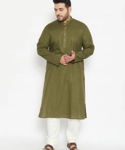 Vastramay Men's Plus Size Mehendi Green And Cream Cotton Blend Kurta Pyjama Set Plus Size Collection