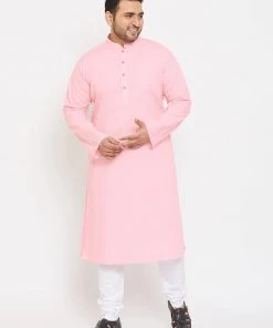 Vastramay Men's Plus Size Pink Cotton Kurta And Pyjama Set