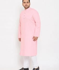 Vastramay Men's Plus Size Pink Cotton Kurta And Pyjama Set