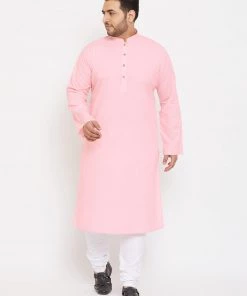 Vastramay Men's Plus Size Pink Cotton Kurta And Pyjama Set