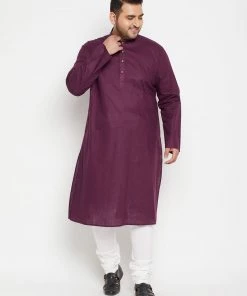 Vastramay Plus Size Collection Men's Plus Size Purple And White Cotton Blend Kurta Pyjama Set