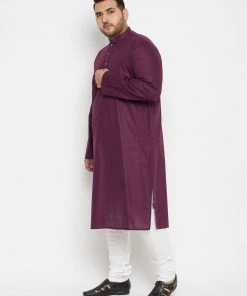 Vastramay Plus Size Collection Men's Plus Size Purple And White Cotton Blend Kurta Pyjama Set