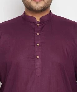 Vastramay Plus Size Collection Men's Plus Size Purple And White Cotton Blend Kurta Pyjama Set