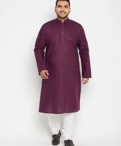 Vastramay Plus Size Collection Men's Plus Size Purple And White Cotton Blend Kurta Pyjama Set