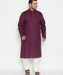 Vastramay Men's Plus Size Purple And Cream Cotton Blend Kurta Pyjama Set