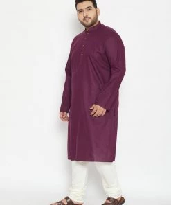 Vastramay Men's Plus Size Purple And Cream Cotton Blend Kurta Pyjama Set