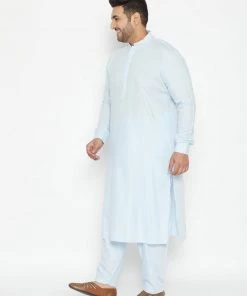 Vastramay Men's Plus Size Aqua Blue Cotton Blend Pathani Set