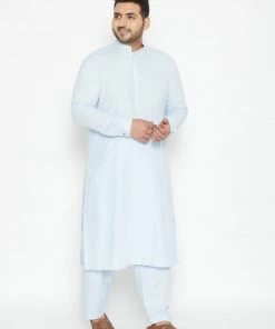 Vastramay Men's Plus Size Aqua Blue Cotton Blend Pathani Set