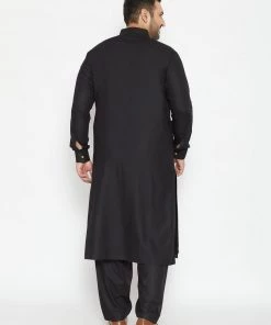 Vastramay Men's Plus Size Black Cotton Blend Pathani Set
