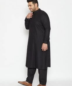 Vastramay Men's Plus Size Black Cotton Blend Pathani Set