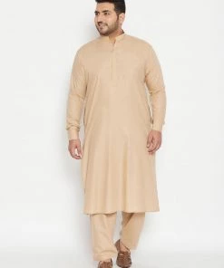 Vastramay Holi Men's Plus Size Light Brown Cotton Blend Pathani Set